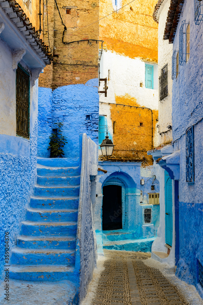 It's Blue painted walls of the houses in Chefchaouen, small town in northwest Morocco famous by its blue buildings
