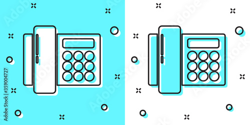 Black line Telephone icon isolated on green and white background. Landline phone. Random dynamic shapes. Vector Illustration.
