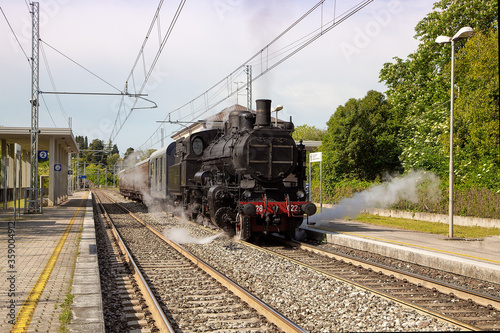 Old steam train - locomotive at the train station Gorizia, Italy