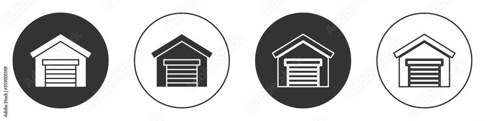 Black Garage icon isolated on white background. Circle button. Vector Illustration. Black Garage icon isolated on white background. Circle button. Vector Illustration.