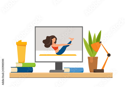 Online fitness yoga classes vector concept. Stay home girl doing