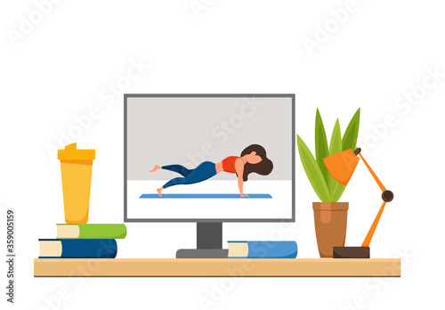Online fitness yoga classes vector concept. Stay home girl doing
