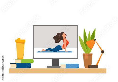 Online fitness yoga classes vector concept. Stay home girl doing