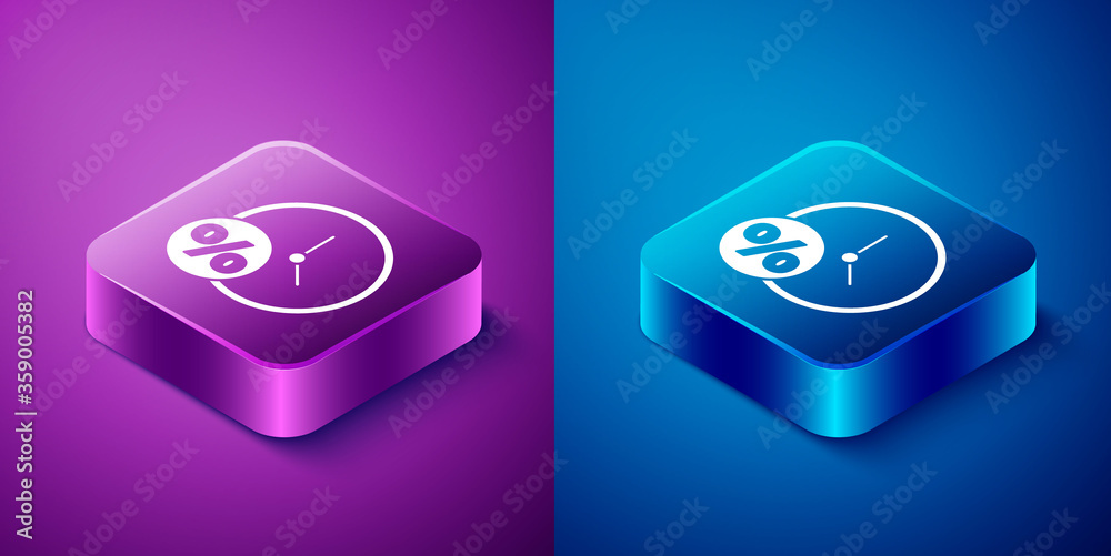 Isometric Clock and percent icon isolated on blue and purple background. Square button. Vector Illustration. Isometric Clock and percent icon isolated on blue and purple background. Square button. Vector Illustration.