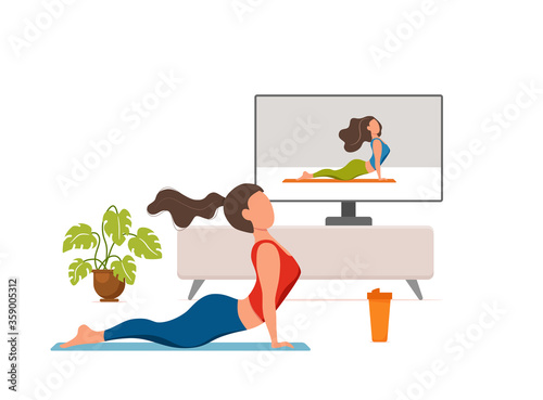 Online fitness yoga classes vector concept. Stay home girl doing