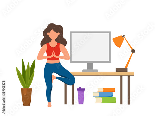 Online fitness yoga classes vector concept. Stay home girl doing