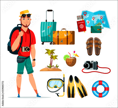Happy man tourist and travel accessories flat set © backup_studio