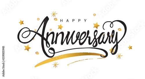 Happy Anniversary lettering text banner, greeting card scratched calligraphy black text word gold stars. Hand drawn invitation. Handwritten modern brush lettering white background.