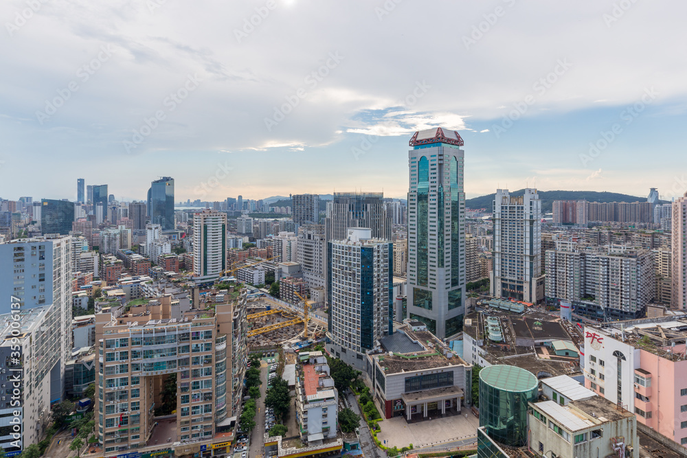 Xiamen city center, city skyline at dusk