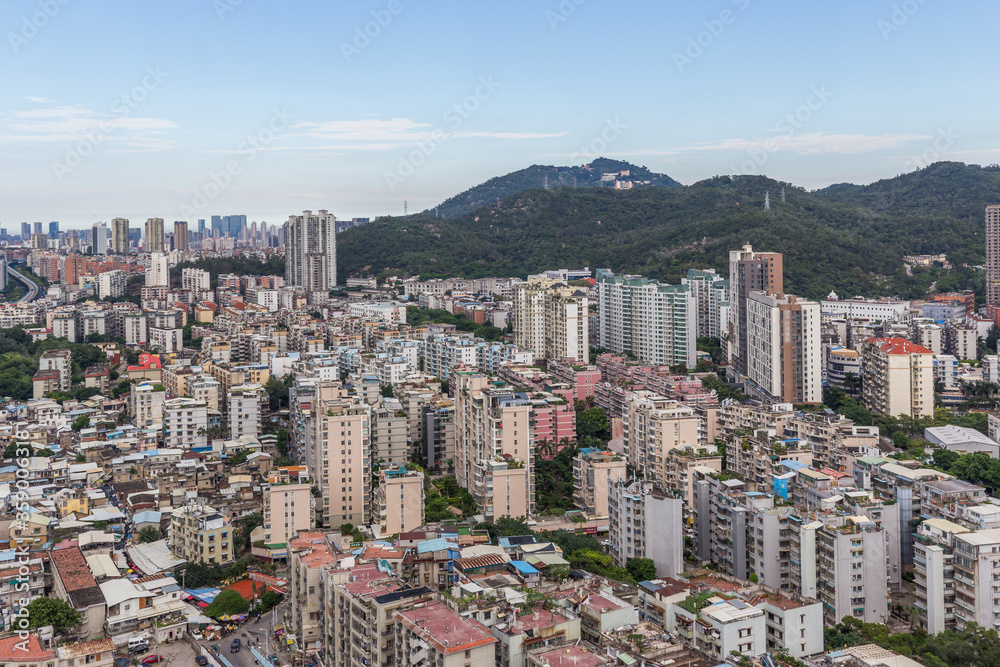 Xiamen city center, city skyline at dusk