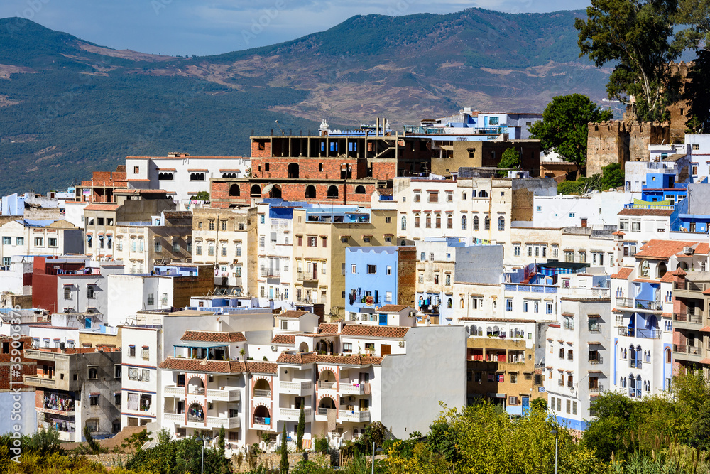 It's Panoramic view of the Chefchaouen, small town in northwest Morocco famous by its blue buildings