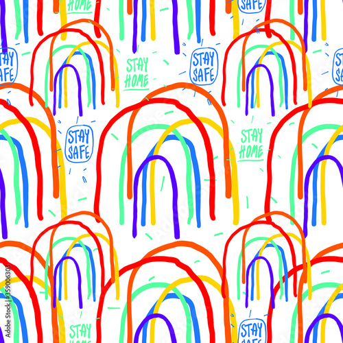 Rainbow seamless repeat pattern design for fabric. Stay home, stay safe rainbow. Vector illustration for posters, flyers, cards, stickers and professional design.