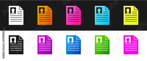 Set Resume icon isolated on black and white background. CV application. Searching professional staff. Analyzing personnel resume. Vector Illustration.