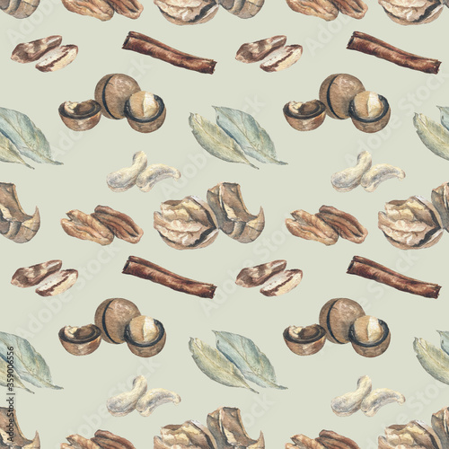 Seamless pattern with nuts and spices on a light pistachio background. Watercolor realistic illustration. Interesting and unusual artwork. Great for kitchen textile and organic products design. 