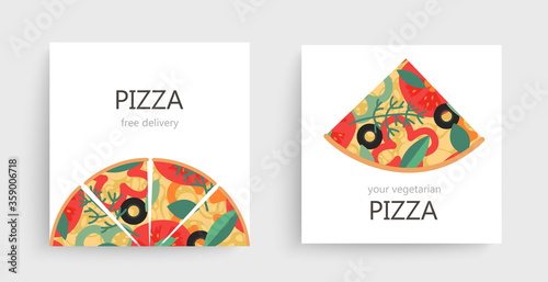 Bundle of square templates with delicious pizza cut in slices on white background. 