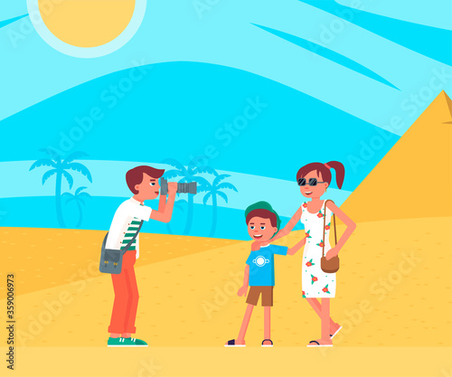 Vector character illustration of tourists looking sights in Egypt