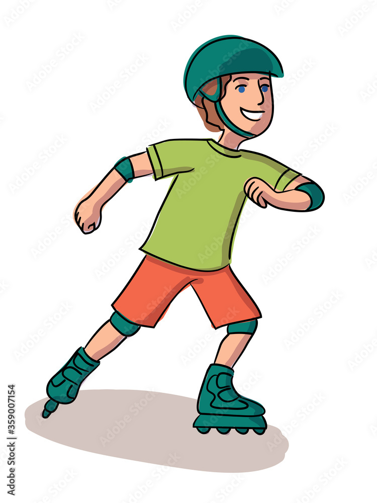 Happy boy roller skating isolated on white background