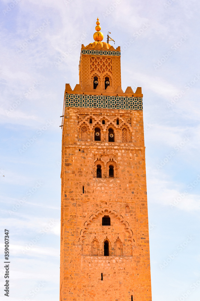 It's Minaret of the Koutoubia Mosque of Marrakesh, Morocco. It is the capital city of the mid-southwestern region of Marrakesh-Asfi.