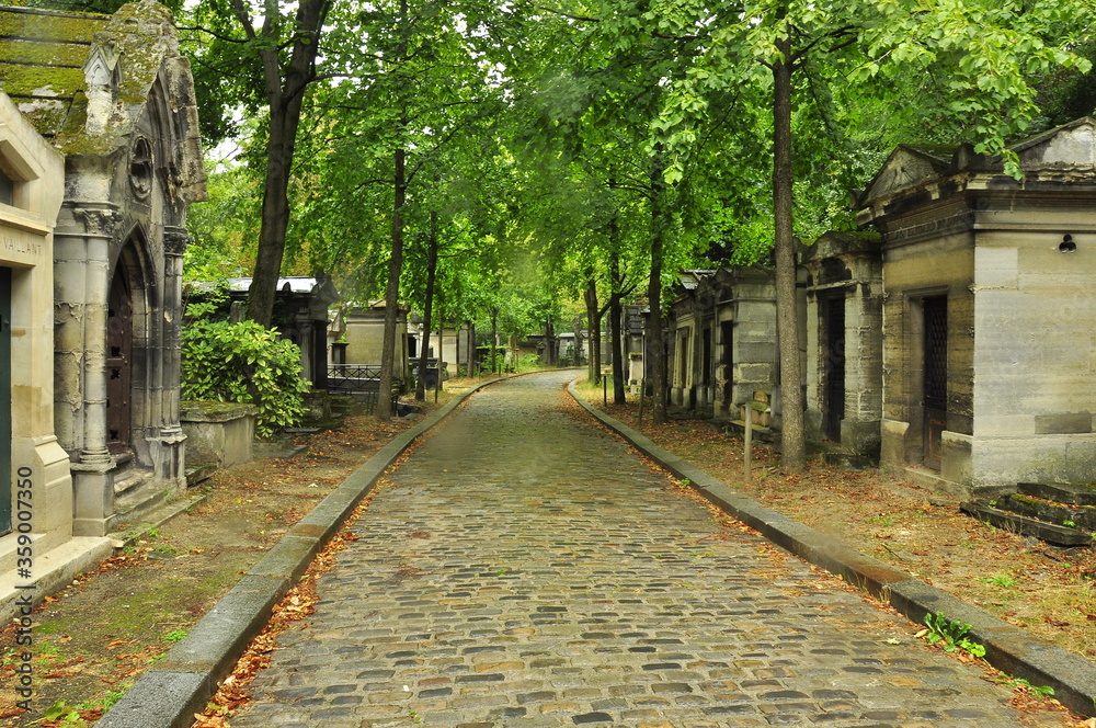 A stone-paved alley after the rain. The Pere Lachaise cemetery. Paris.