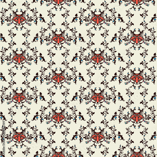 Seamless pattern with classic floral ornament and fox heads. On beige background