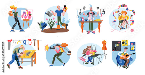 Set of vector hobby characters man and woman