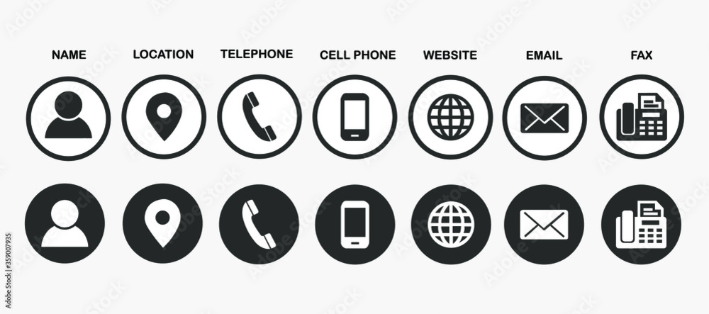 Contact information icons for business card on grey background