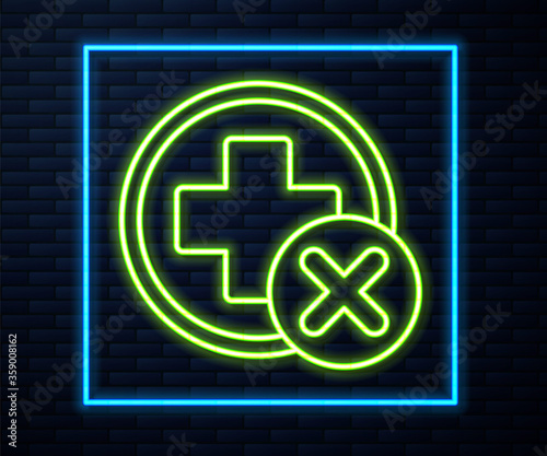 Glowing neon line Cross hospital medical icon isolated on brick wall background. First aid. Diagnostics symbol. Medicine and pharmacy sign. Vector Illustration.