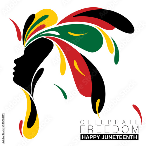 Simple splash of abstract designs around a black silhouette of a woman for Juneteenth in national colors photo