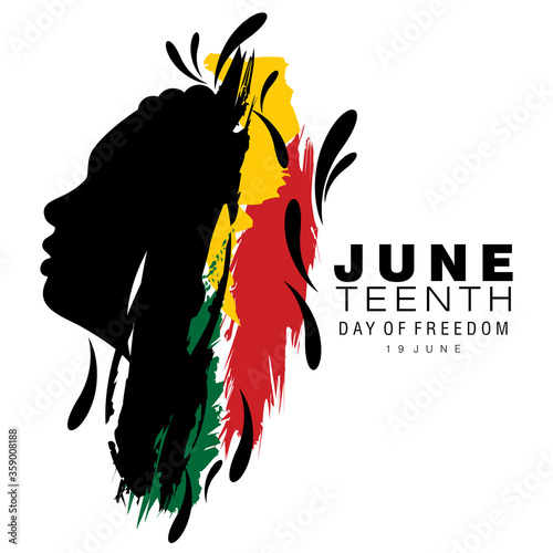 Abstract vector illustration of a black face with cornrow hairstyle on brush strokes with the text Day of Freedom for Juneteenth or Afro-American Freedom day