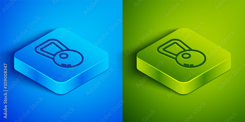 Isometric line Kettlebell icon isolated on blue and green background. Sport equipment. Square button. Vector Illustration.