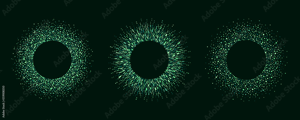 Set, collection of round dot frames. Circle, ring shape dark, forest green color frame made of dots, beads, hand drawn spots, flecks, specks, paint blobs, drops. Eco, vegan dotty abstract backgrounds.