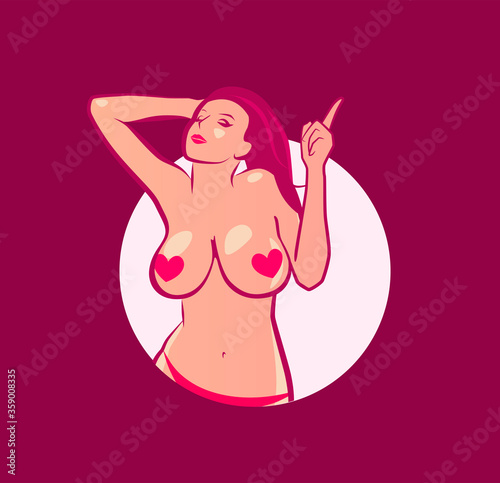 Topless Nude girl with large breast - Vector sticker emblem for Breast augmentation and Plastic surgery, Sex shop or Meeting Website.
