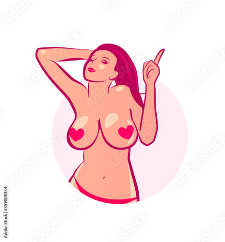 Sexy Girl topless on sticker with arm pointing at top copy space for text message or description. Vector illustration for Sex shop, Breast augmentation and Plastic surgery or Meeting websites.