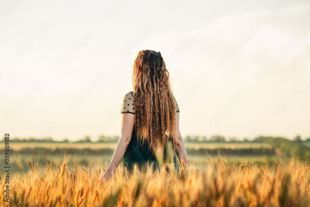 Beautiful woman in green dress walkink across field and touches ears of wheat with hand at sunset light, girl enjoying summer nature landscape - obrazy, fototapety, plakaty 