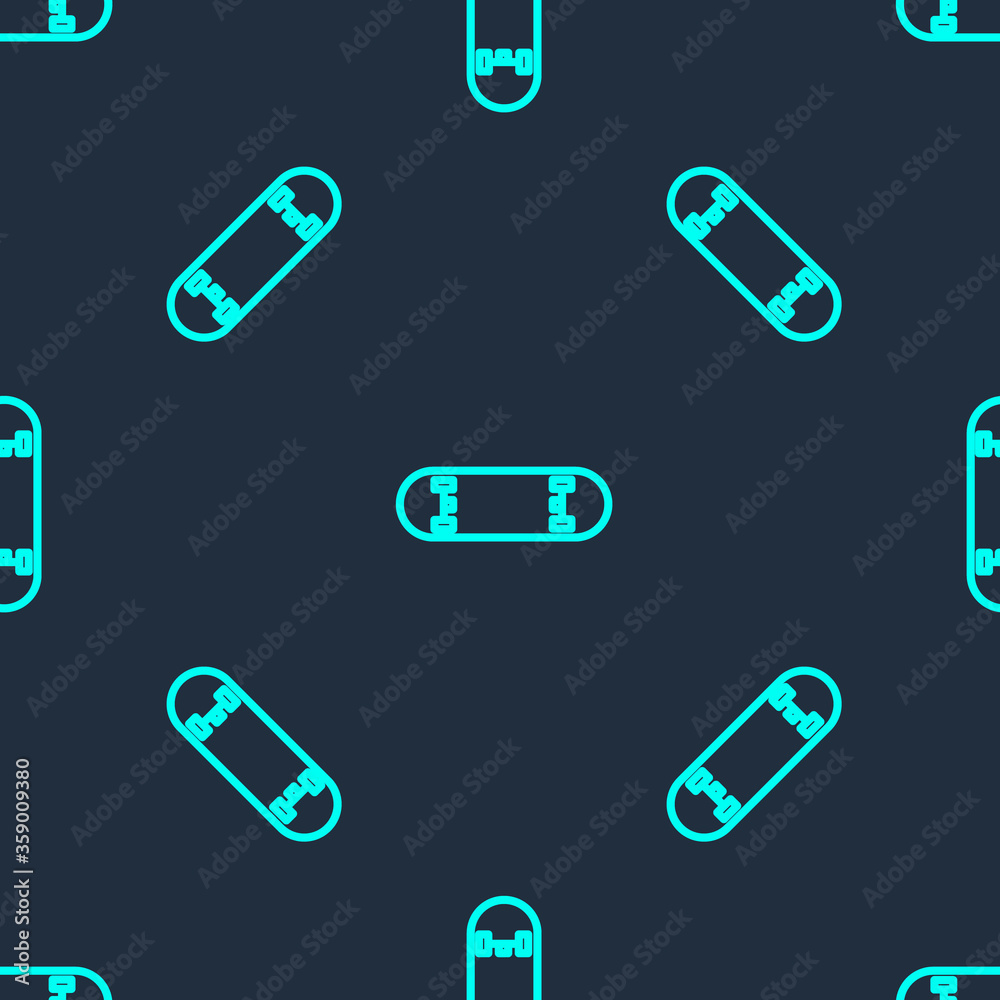 Green line Skateboard trick icon isolated seamless pattern on blue background. Extreme sport. Sport equipment. Vector Illustration. Green line Skateboard trick icon isolated seamless pattern on blue background. Extreme sport. Sport equipment. Vector Illustration.