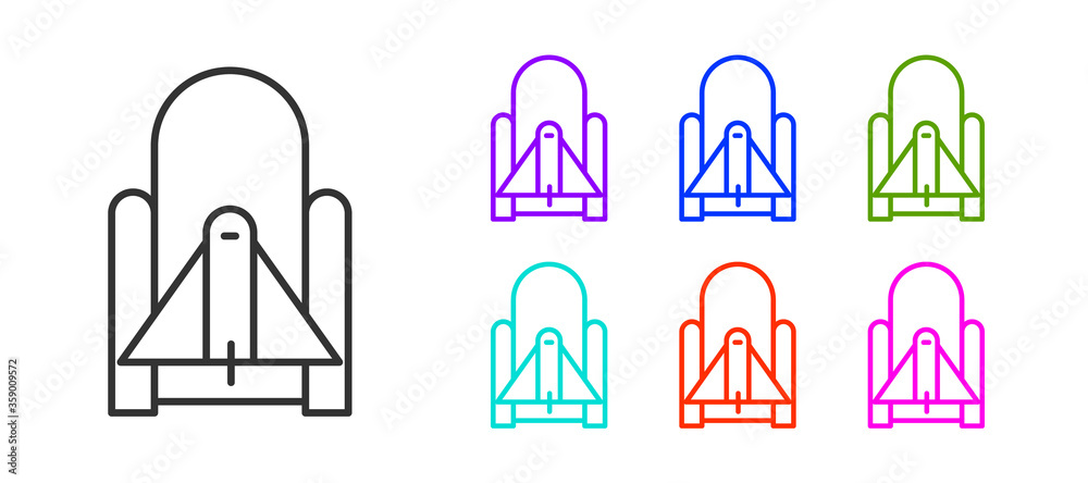 Black line Rocket launch from the spaceport icon isolated on white background. Launch rocket in space. Set icons colorful. Vector Illustration. Black line Rocket launch from the spaceport icon isolated on white background. Launch rocket in space. Set icons colorful. Vector Illustration.