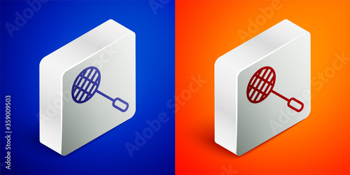 Isometric line Tennis racket icon isolated on blue and orange background. Sport equipment. Silver square button. Vector Illustration.