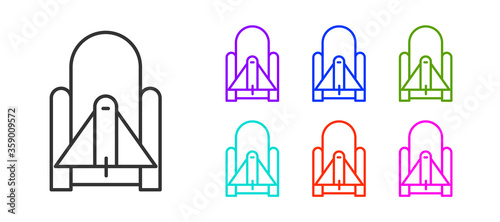Black line Rocket launch from the spaceport icon isolated on white background. Launch rocket in space. Set icons colorful. Vector Illustration.