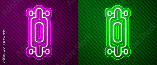 Glowing neon line Longboard or skateboard cruiser icon isolated on purple and green background. Extreme sport. Sport equipment. Vector Illustration.