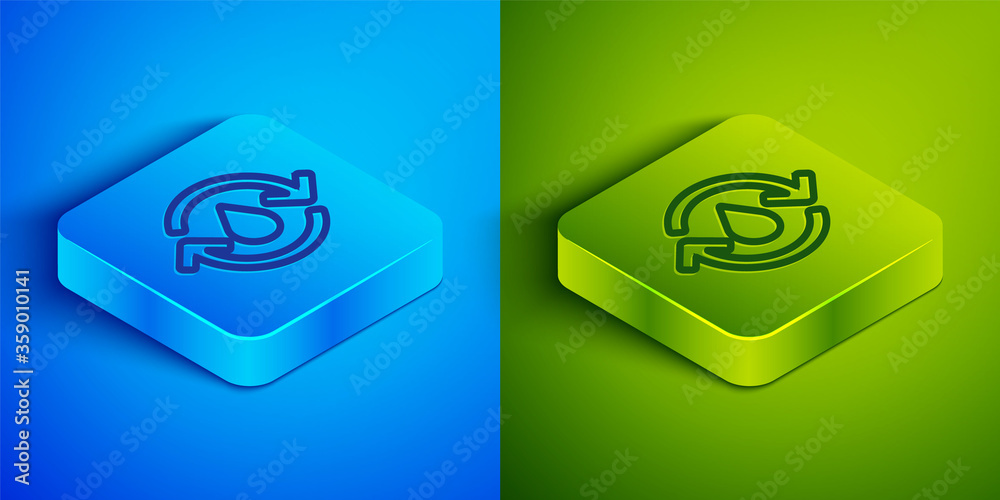 Isometric line Recycle clean aqua icon isolated on blue and green background. Drop of water with sign recycling. Square button. Vector Illustration.