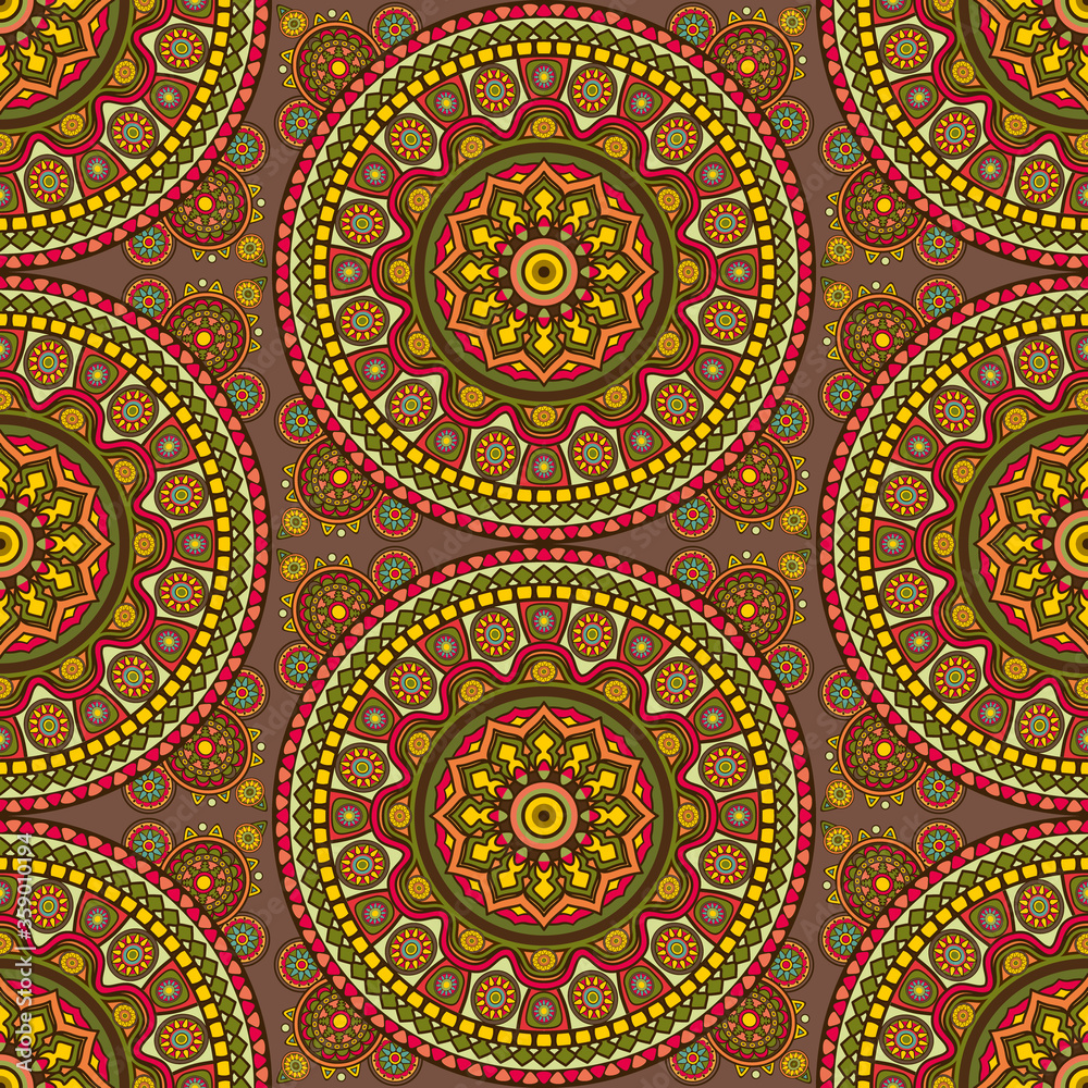 Seamless ornamental oriental pattern. Repeating boho festival tiles with mandala. Vector laced background with floral and geometric ornament. Indian or Arabic motive. 