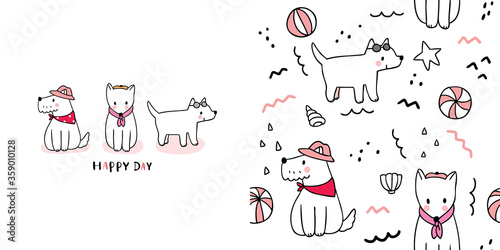 Cartoon cute summer funny dogs seamless pattern vector.