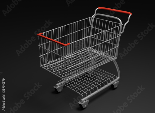 Empty metallic supermarket shopping cart 3d render wallpaper background