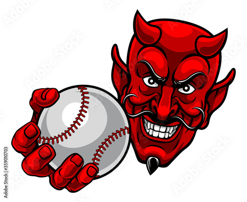 A devil or satan baseball sports mascot cartoon character holding a ball