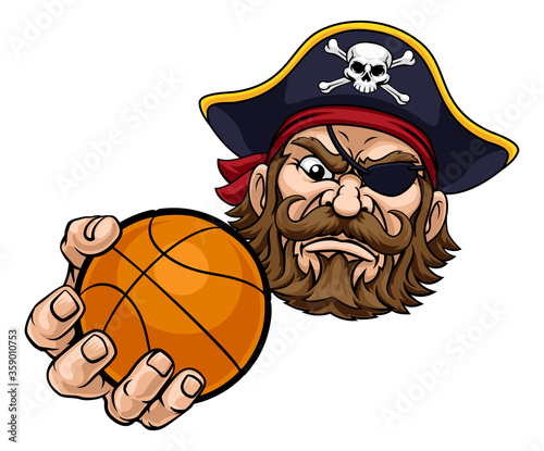 A pirate basketball sports mascot cartoon character holding a ball