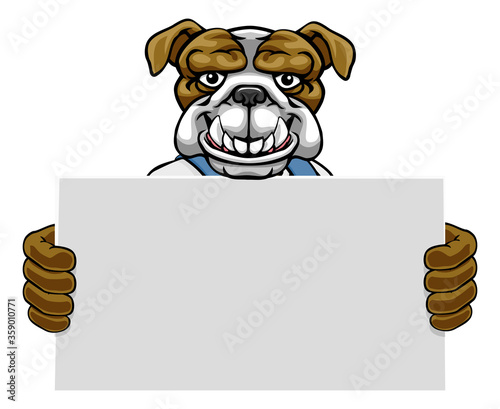 A bulldog animal construction cartoon mascot handyman or builder maintenance contractor holding a sign