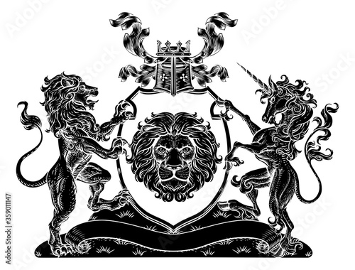 A crest coat of arms family shield seal featuring lions and unicorn horse with horn