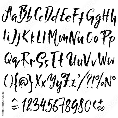 Hand drawn font made by dry brush strokes. Grunge style alphabet. Handwritten font. Vector illustration.