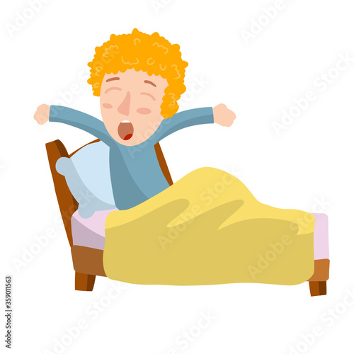 Boy woke up in bed. Child in pajamas yawns. Morning, sleep and Wake. Funny drawing. Blanket and pillow. Element of bedroom. Flat cartoon