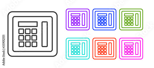 Black line Safe icon isolated on white background. The door safe a bank vault with a combination lock. Reliable Data Protection. Set icons colorful. Vector Illustration.